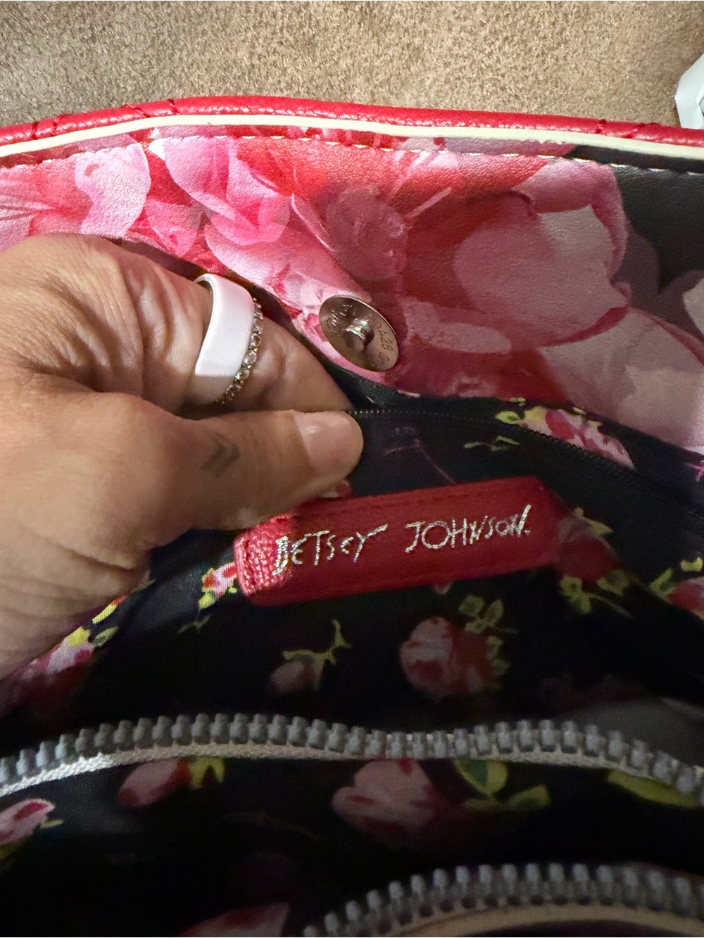 Quilted Red Top-Handle Tote with Floral Scarf - Picture 3 of 8